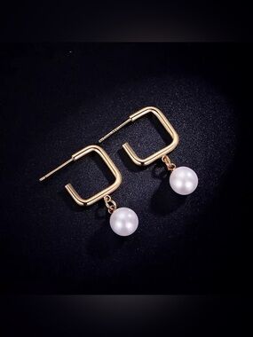 Gold Square Hoop Earrings with White Pearl Drop